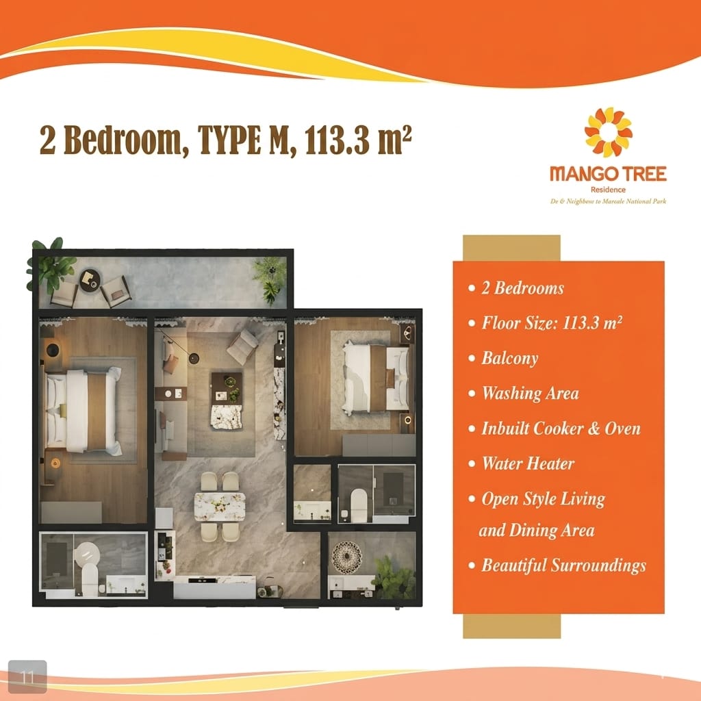 Type M two-bedroom apartment floor plan at Mango Tree Residence, Syokimau